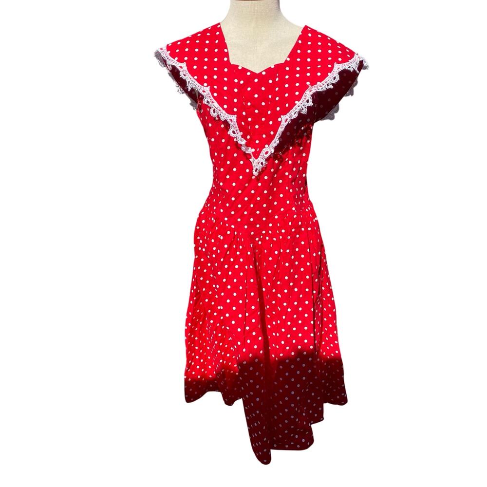 80s Kate Warner Dress Red Polka Dot Dress Size 13/14 Vintage Medium Lace Trim